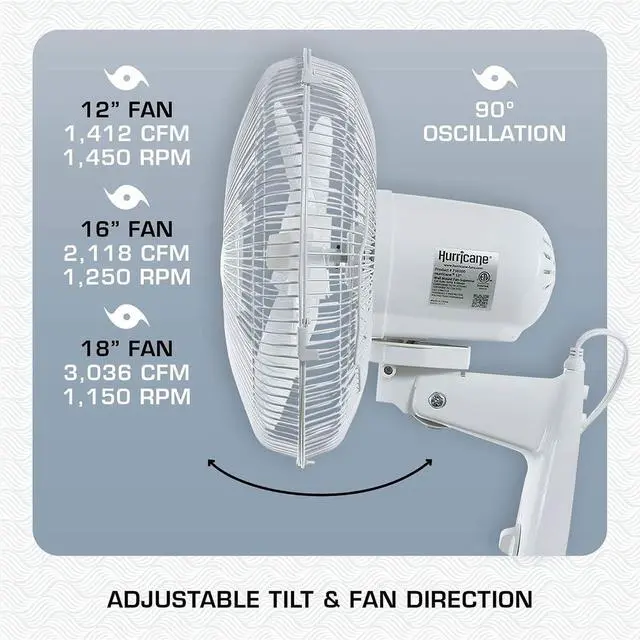 Alt view image 5 of 7 - Hurricane Supreme Oscillating Wall Fan, 3 Speeds, White - 16in | Quiet Operation - Wall Mount Corded Electric Air Cooling Unit with Pull Cords for Home, Garage, Greenhouse, Workshop, or Gym