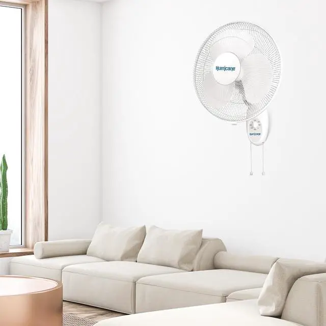 Alt view image 6 of 7 - Hurricane Supreme Oscillating Wall Fan, 3 Speeds, White - 16in | Quiet Operation - Wall Mount Corded Electric Air Cooling Unit with Pull Cords for Home, Garage, Greenhouse, Workshop, or Gym