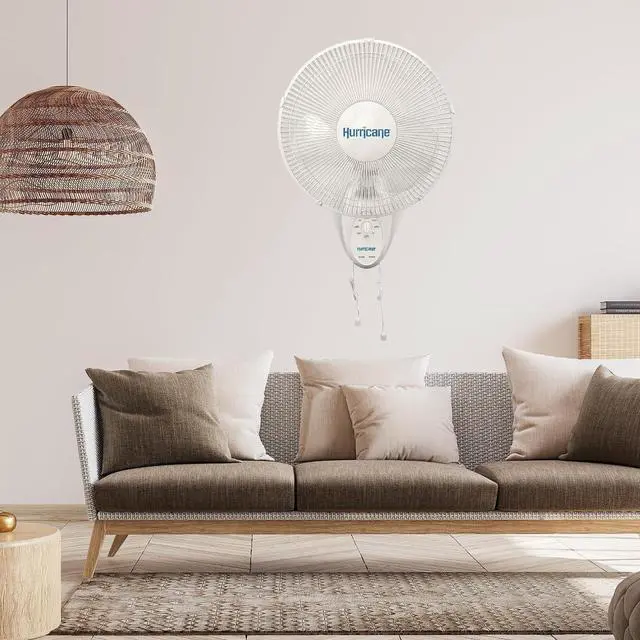 Alt view image 7 of 7 - Hurricane Supreme Oscillating Wall Fan, 3 Speeds, White - 16in | Quiet Operation - Wall Mount Corded Electric Air Cooling Unit with Pull Cords for Home, Garage, Greenhouse, Workshop, or Gym