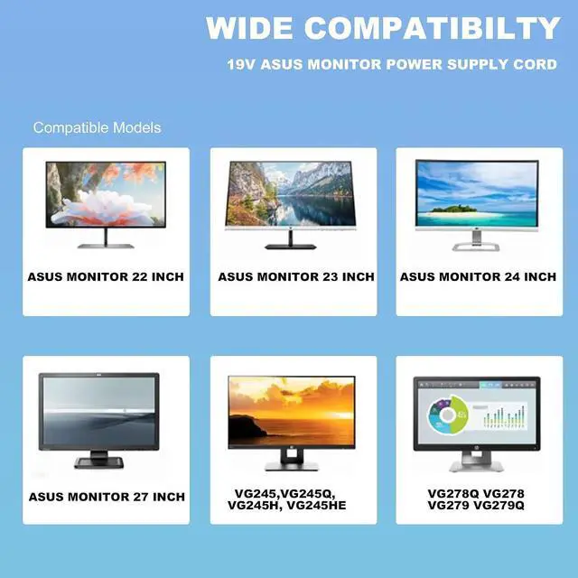Alt view image 2 of 7 - 19V Monitor Power Adapter Cord Compatible with Asus | vg245, vg278, vg278q, vg279, vg279q, vg245h, 27'' 24'' 23'' 22'', Tuf Gaming