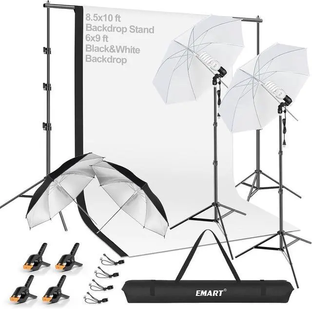 Main image of EMART Photography Lighting Kit with 8.5x10FT Photo Backdrop Stand System & Photography Umbrella, 5500K 45W CFL Bulb, Black/White Muslin Backdrop, Umbrella Lights for Video Recording, Portrait, Studio