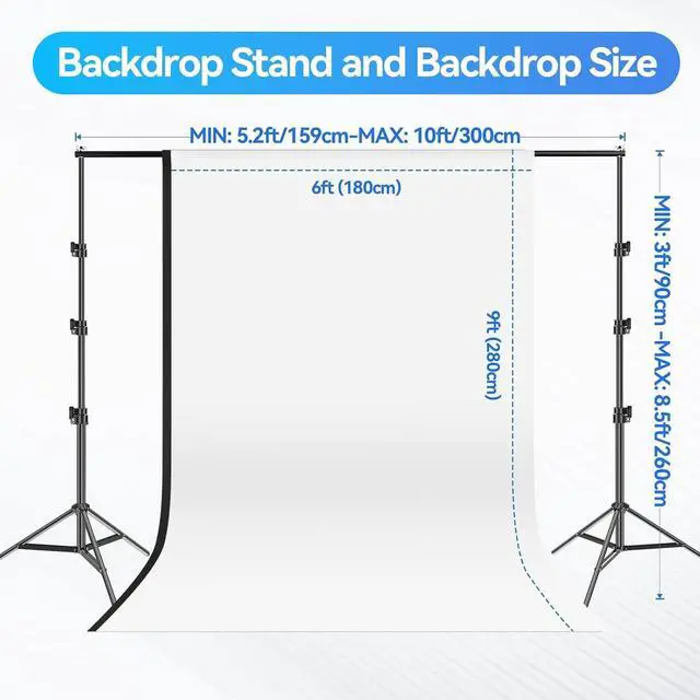 Alt view image 2 of 7 - EMART Photography Lighting Kit with 8.5x10FT Photo Backdrop Stand System & Photography Umbrella, 5500K 45W CFL Bulb, Black/White Muslin Backdrop, Umbrella Lights for Video Recording, Portrait, Studio