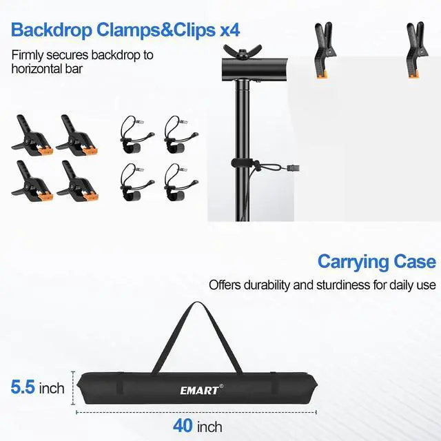 Alt view image 6 of 7 - EMART Photography Lighting Kit with 8.5x10FT Photo Backdrop Stand System & Photography Umbrella, 5500K 45W CFL Bulb, Black/White Muslin Backdrop, Umbrella Lights for Video Recording, Portrait, Studio