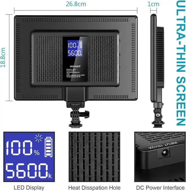 Alt view image 3 of 7 - NEEWER 192 LED Video Light Panel, 20W Ultra Thin Bi Color Dimmable DSLR Camera Soft Light, 4000mAh Lithium Battery, 3200K-5600K CRI97+, Key Lighting for Studio Photography Recording Streaming