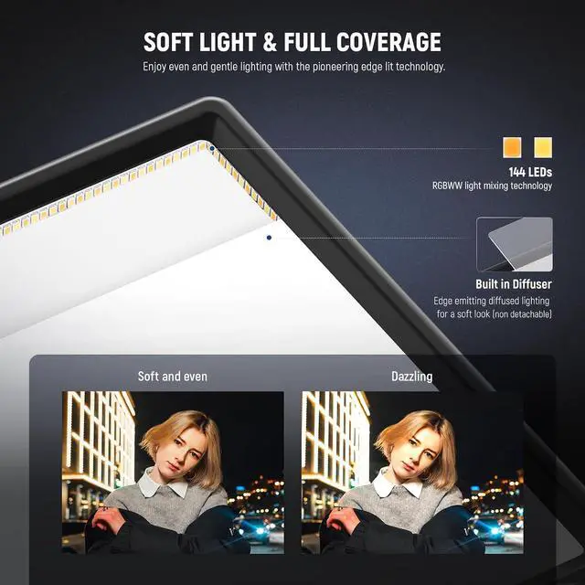 Alt view image 5 of 7 - NEEWER 192 LED Video Light Panel, 20W Ultra Thin Bi Color Dimmable DSLR Camera Soft Light, 4000mAh Lithium Battery, 3200K-5600K CRI97+, Key Lighting for Studio Photography Recording Streaming