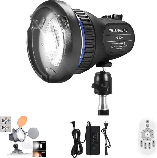 Main image of WELLMAKING 40W Portable LED Light CRI97+ 5600K Daylight for Video | Fresnel lens, LCD screen, barndoors, Bowens mount, dimmable output, AC/DC power supply, low noise design