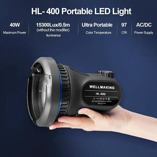 Alt view image 2 of 7 - WELLMAKING 40W Portable LED Light CRI97+ 5600K Daylight for Video | Fresnel lens, LCD screen, barndoors, Bowens mount, dimmable output, AC/DC power supply, low noise design
