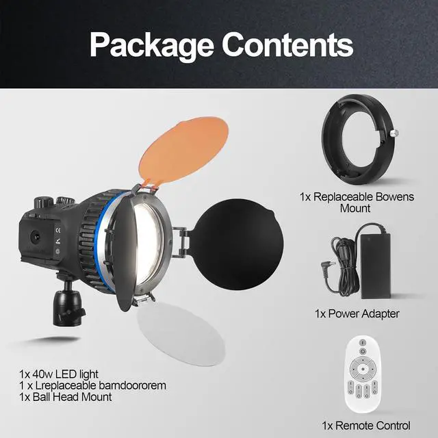 Alt view image 3 of 7 - WELLMAKING 40W Portable LED Light CRI97+ 5600K Daylight for Video | Fresnel lens, LCD screen, barndoors, Bowens mount, dimmable output, AC/DC power supply, low noise design