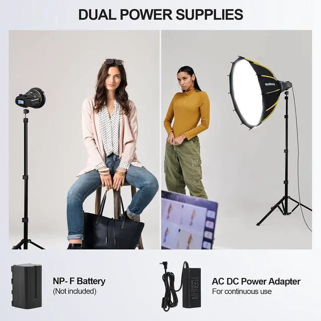 Alt view image 6 of 7 - WELLMAKING 40W Portable LED Light CRI97+ 5600K Daylight for Video | Fresnel lens, LCD screen, barndoors, Bowens mount, dimmable output, AC/DC power supply, low noise design