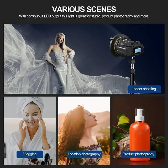 Alt view image 7 of 7 - WELLMAKING 40W Portable LED Light CRI97+ 5600K Daylight for Video | Fresnel lens, LCD screen, barndoors, Bowens mount, dimmable output, AC/DC power supply, low noise design