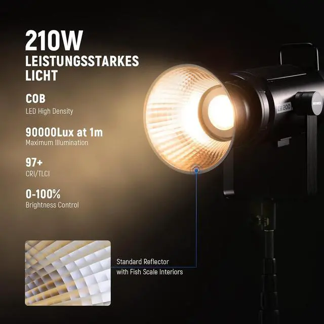 Alt view image 3 of 7 - NEEWER CB200B 210W LED Video Light with 2.4G/APP Remote Control, All Metal Bi Color COB Continuous Output Lighting with Bowens Mount 90000Lux/1m 2700K-6500K CRI/TLCI97+ 12 Effects for Video Recording