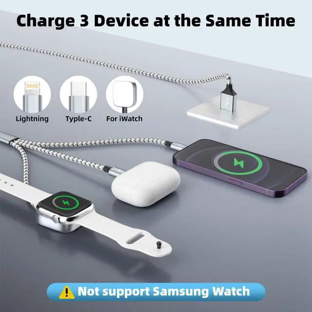 Alt view image 2 of 7 - Travel Essentials 3in1 Multi Charging Cable for iPhone Watch Charger 3PK5FT | USB A to Type C/IP/iWatch Charger, Charging Cords for Multiple Devices Compatible with iWatch Ultra/11-2&iPhone 17-8