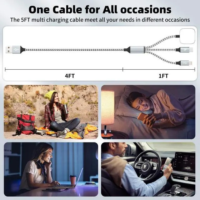 Alt view image 5 of 7 - Travel Essentials 3in1 Multi Charging Cable for iPhone Watch Charger 3PK5FT | USB A to Type C/IP/iWatch Charger, Charging Cords for Multiple Devices Compatible with iWatch Ultra/11-2&iPhone 17-8