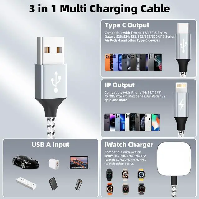 Alt view image 7 of 7 - Travel Essentials 3in1 Multi Charging Cable for iPhone Watch Charger 3PK5FT | USB A to Type C/IP/iWatch Charger, Charging Cords for Multiple Devices Compatible with iWatch Ultra/11-2&iPhone 17-8