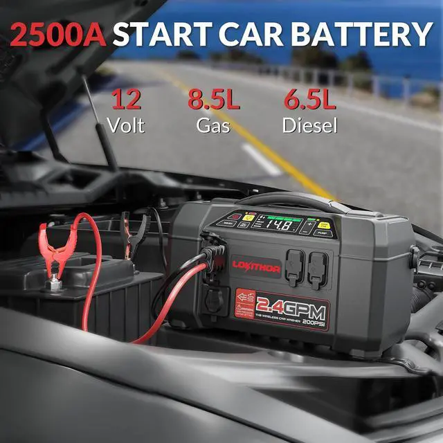 Alt view image 2 of 7 - LOKITHOR AW401 5-in-1 Multi-Function Car Emergency Tool | 2500 Amp Jump Starter(8.5L & 6.5L) | 150 PSI Air Compressor | 200 PSI Pressure Washer | 500-lumen LED | 20,000mAh Power Bank
