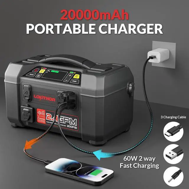 Alt view image 5 of 7 - LOKITHOR AW401 5-in-1 Multi-Function Car Emergency Tool | 2500 Amp Jump Starter(8.5L & 6.5L) | 150 PSI Air Compressor | 200 PSI Pressure Washer | 500-lumen LED | 20,000mAh Power Bank