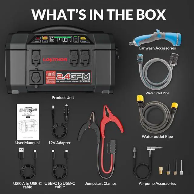 Alt view image 7 of 7 - LOKITHOR AW401 5-in-1 Multi-Function Car Emergency Tool | 2500 Amp Jump Starter(8.5L & 6.5L) | 150 PSI Air Compressor | 200 PSI Pressure Washer | 500-lumen LED | 20,000mAh Power Bank
