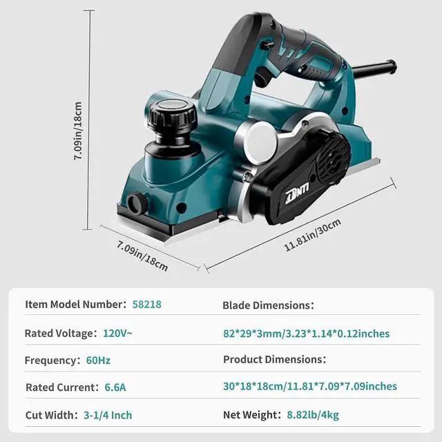 Alt view image 4 of 6 - DNTI 6.6amp Corded Electric Handheld Planers 17000rpm Hand Planer Power Woodworking Tool Power Handheld Planer for Wood Chamfer DIY model 3-1/4 Inch Cut Width 58218