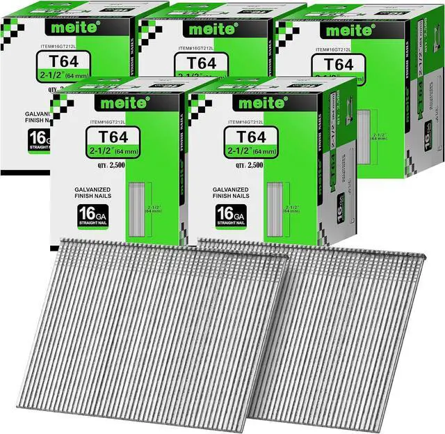 Main image of meite 16 Gauge Finish Nails 2-1/2 Inch Galvanized Straight Nails 12,500PCS | Fits Pneumatic Cordless Finish Nailers, Rust-Resistant, Small Head Chisel Point for Softwood Hardwood Interior Trim Molding