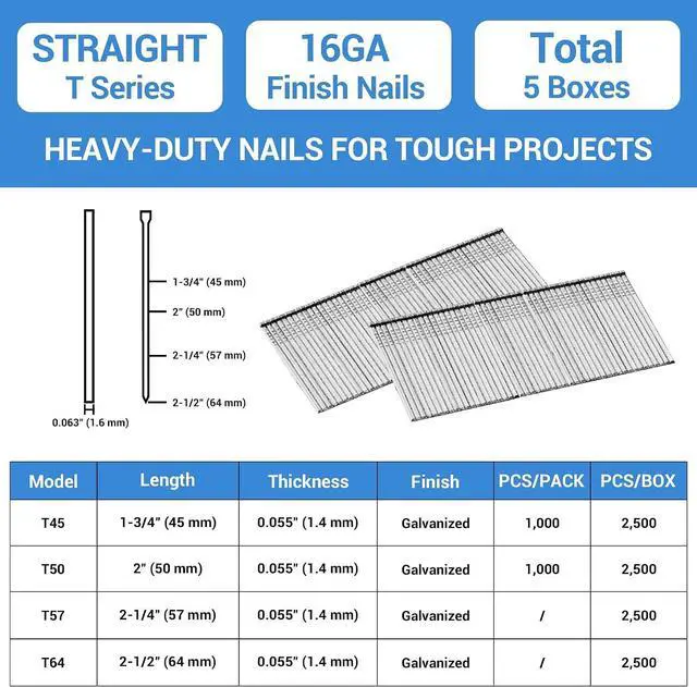 Alt view image 2 of 6 - meite 16 Gauge Finish Nails 2-1/2 Inch Galvanized Straight Nails 12,500PCS | Fits Pneumatic Cordless Finish Nailers, Rust-Resistant, Small Head Chisel Point for Softwood Hardwood Interior Trim Molding