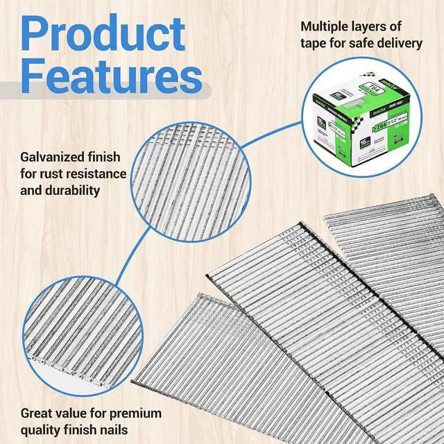 Alt view image 3 of 6 - meite 16 Gauge Finish Nails 2-1/2 Inch Galvanized Straight Nails 12,500PCS | Fits Pneumatic Cordless Finish Nailers, Rust-Resistant, Small Head Chisel Point for Softwood Hardwood Interior Trim Molding