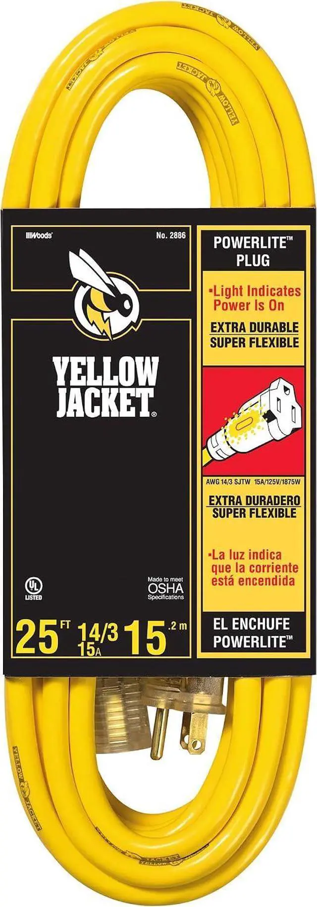 Main image of Southwire Yellow Jacket Heavy Duty Extension Cord - Outdoor Power for Tools & Equipment - Lighted End with SJTW Jacket & Three Prong Plug - 25 Foot