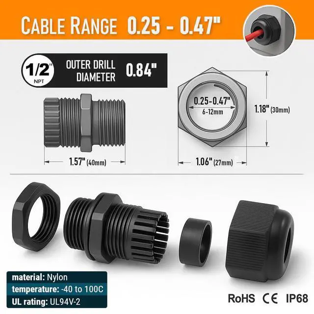 Alt view image 6 of 6 - MGI SpeedWare 1/2" NPT Strain Relief Nylon Cord Grip Cable Glands, Black Plastic Grommet 100-Pack