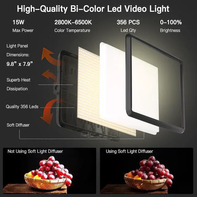 Alt view image 2 of 7 - 1-Pack LED Video Light Kit, NiceVeedi Photography Lighting Kit, 2800-6500K Dimmable Studio Light with Tripod Stand & Phone Holder, 73" Stream Light for Video Recording, Game Streaming, YouTube