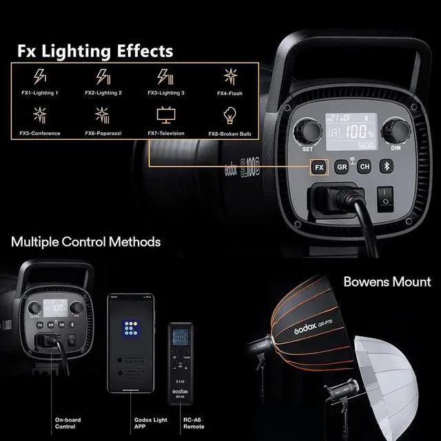 Alt view image 5 of 7 - Godox SL100D 100W Daylight LED Video Light 32,100Lux@1M, 5600K, CRI 96+, Bowens Mount LED Continuous Light, 8 FX, App Control, Silent Studio Lighting for Video Recording, Photography, Live Streaming