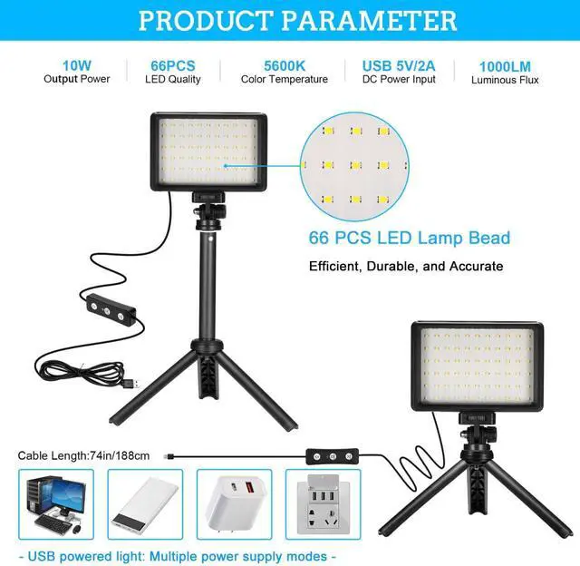 Alt view image 3 of 7 - LED Video Light 2-Pack, 5600K Dimmable USB Photo Lights with Mini Tripod and Colored Filters for Photo Studios, Small Angle Shooting, Video Recording, Game Streaming