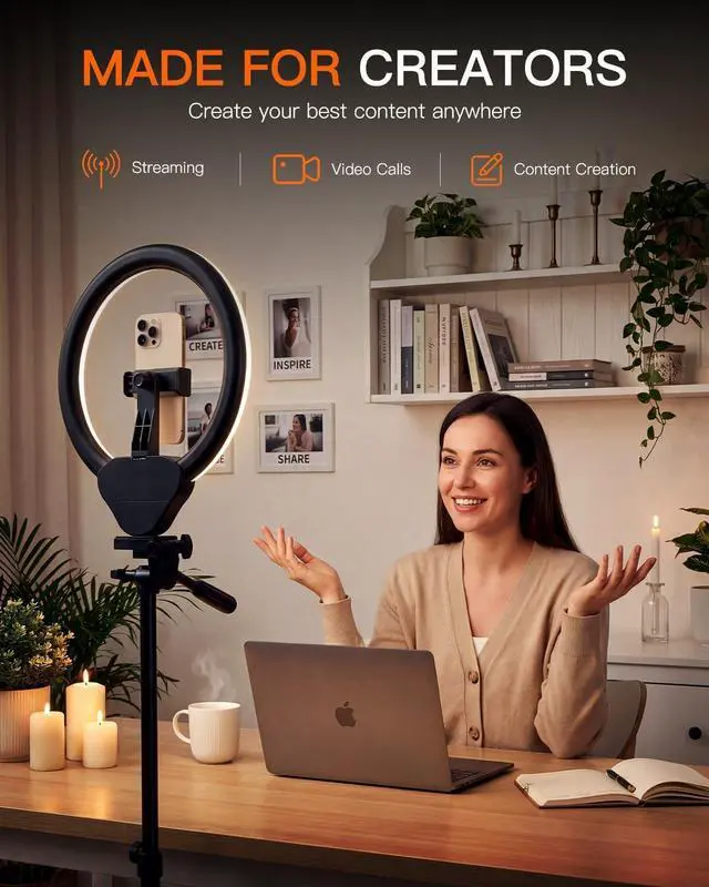 Alt view image 2 of 7 - Sensyne Ring Light with Stand, 50" Phone Tripod for iPhone & Android, LED Ring Light with Remote, 3 Color Modes & 10 Brightness Levels for TikTok, Zoom & Video Recording