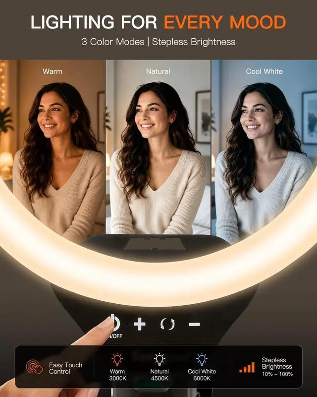 Alt view image 3 of 7 - Sensyne Ring Light with Stand, 50" Phone Tripod for iPhone & Android, LED Ring Light with Remote, 3 Color Modes & 10 Brightness Levels for TikTok, Zoom & Video Recording