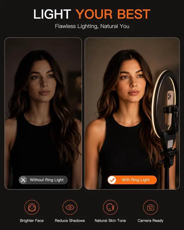 Alt view image 4 of 7 - Sensyne Ring Light with Stand, 50" Phone Tripod for iPhone & Android, LED Ring Light with Remote, 3 Color Modes & 10 Brightness Levels for TikTok, Zoom & Video Recording