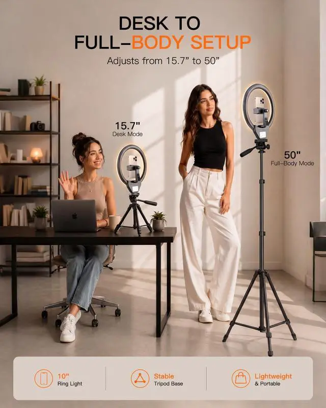 Alt view image 5 of 7 - Sensyne Ring Light with Stand, 50" Phone Tripod for iPhone & Android, LED Ring Light with Remote, 3 Color Modes & 10 Brightness Levels for TikTok, Zoom & Video Recording