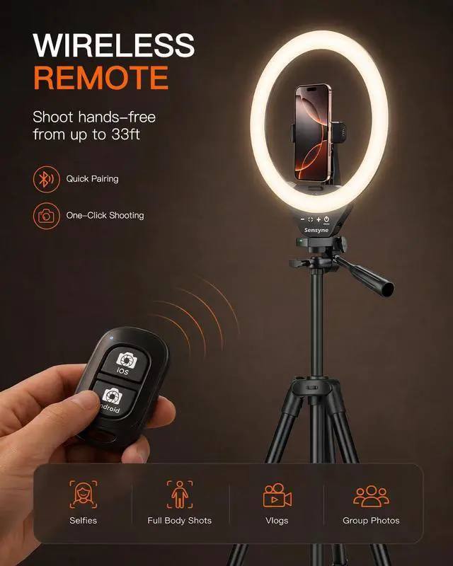 Alt view image 6 of 7 - Sensyne Ring Light with Stand, 50" Phone Tripod for iPhone & Android, LED Ring Light with Remote, 3 Color Modes & 10 Brightness Levels for TikTok, Zoom & Video Recording