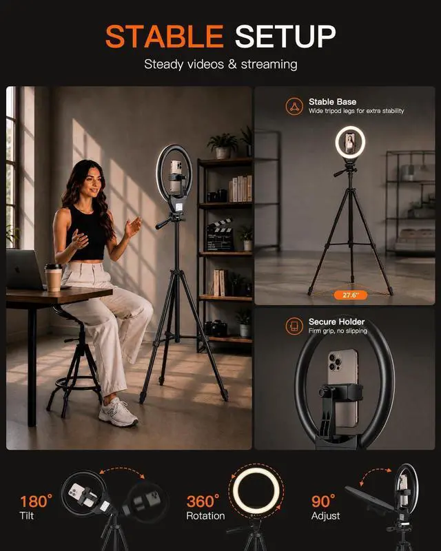 Alt view image 7 of 7 - Sensyne Ring Light with Stand, 50" Phone Tripod for iPhone & Android, LED Ring Light with Remote, 3 Color Modes & 10 Brightness Levels for TikTok, Zoom & Video Recording
