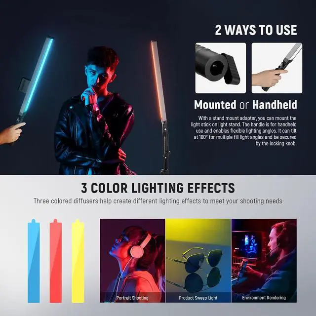 Alt view image 5 of 7 - NEEWER Upgraded LED Video Light Stick & 2.4G Remote Kit, 2 Pack Handheld Dimmable 3200K~5600K CRI97+ Video Lighting with Stands/Filters/Bag for YouTube Video Recording Photography Gaming, BH20B Black