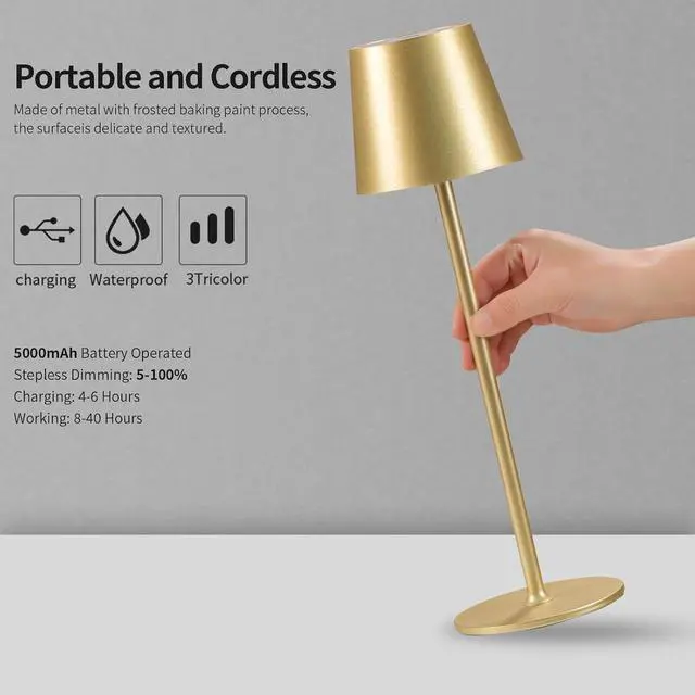 Alt view image 3 of 6 - BGFHome 2 Pack Cordless Table Lamp LED Desk Lamps, 5000mAh Battery Operated, Rechargeable Touch Night Light, 3 Color Stepless Dimming Up for Restaurant Bedroom Bars Party Camping (Gold)