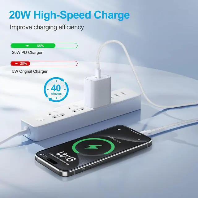 Alt view image 2 of 6 - for iPhone 16 15 Charger Fast Charging,2 Pack 20W Wall Charger Block with USB Type c Braided Cable 6ft Charging Cord for iPhone 16 15 Series,for i.Pad Pro 12.9/11 in/Pad air 5/4