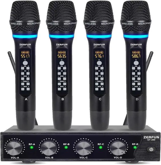 Main image of Rechargeable Wireless Microphone System 4 Channel Pro, UHF Metal Handheld Wireless Mics Cordless for Church Karaoke Singing with Echo Treble BASS VOL Channel Control(GT-200)