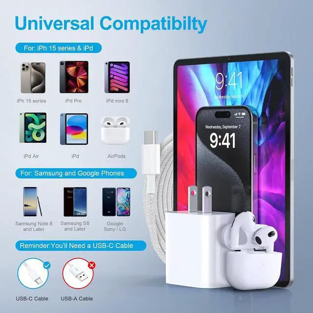 Alt view image 5 of 6 - for iPhone 16 15 Charger Fast Charging,2 Pack 20W Wall Charger Block with USB Type c Braided Cable 6ft Charging Cord for iPhone 16 15 Series,for i.Pad Pro 12.9/11 in/Pad air 5/4