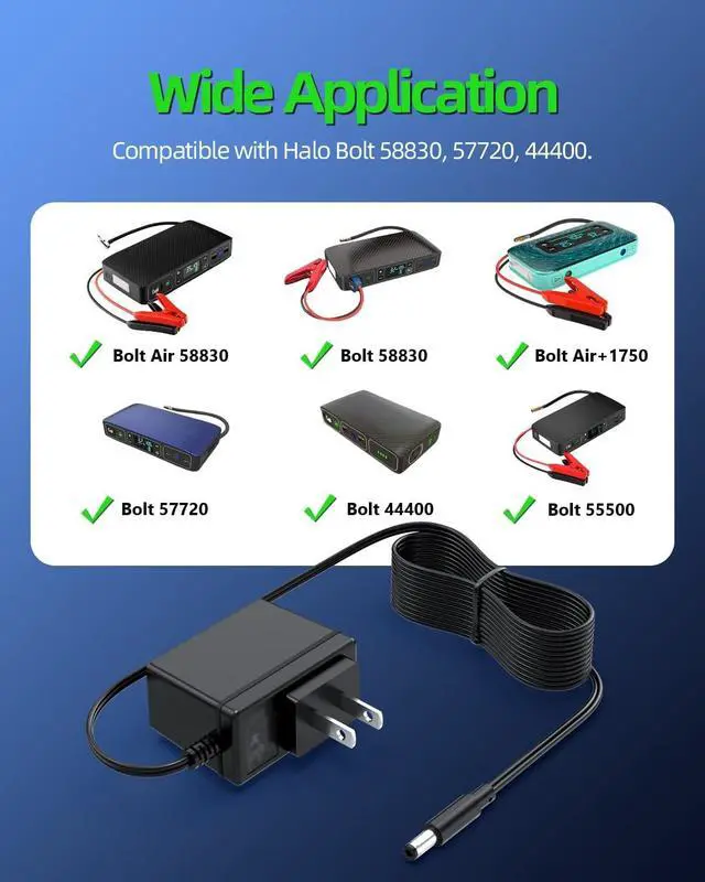 Alt view image 2 of 7 - 14V Charger Fit for Halo Bolt Air 58830 57720 44400 55500 Air+1750 Car Jump Starter ACDC Compact Wireless 1201 Replacement AC Adapter Power Cord Supply