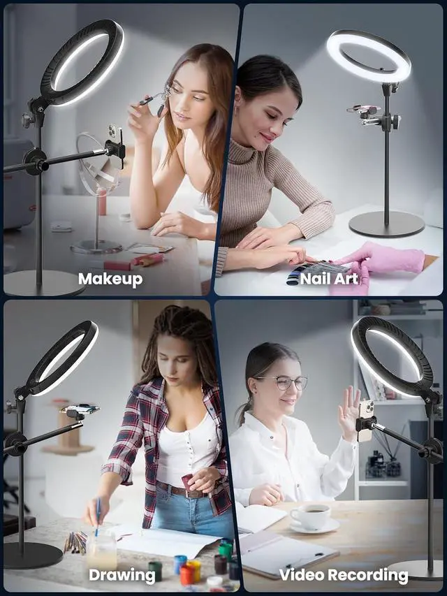 Alt view image 2 of 7 - Selfie Ring Light with Stand and Phone Holder,Overhead Phone Mount with 10.5" Ring Lights,Desk Circle Lingt with Tripod Adjustable Shooting Arm for Video Recording,YouTube,TikTok,Live Streaming