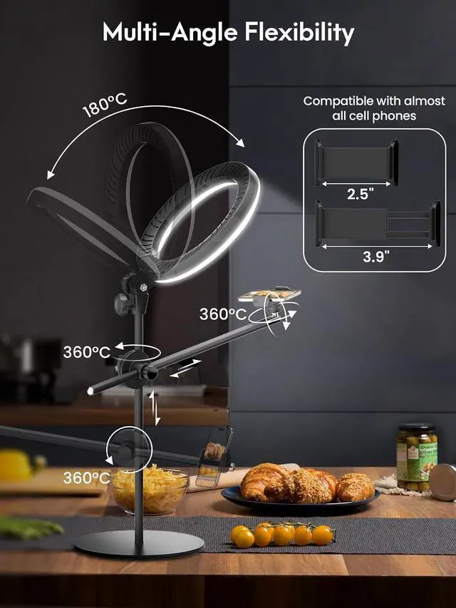Alt view image 3 of 7 - Selfie Ring Light with Stand and Phone Holder,Overhead Phone Mount with 10.5" Ring Lights,Desk Circle Lingt with Tripod Adjustable Shooting Arm for Video Recording,YouTube,TikTok,Live Streaming