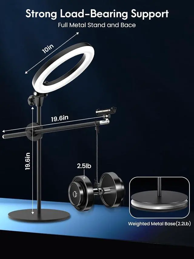 Alt view image 5 of 7 - Selfie Ring Light with Stand and Phone Holder,Overhead Phone Mount with 10.5" Ring Lights,Desk Circle Lingt with Tripod Adjustable Shooting Arm for Video Recording,YouTube,TikTok,Live Streaming
