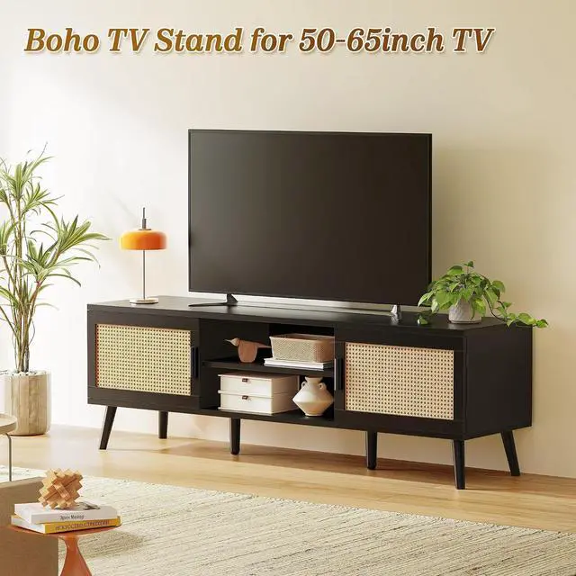 Alt view image 2 of 7 - SUPERJARE TV Stand for 65 Inch TV, Entertainment Center with Adjustable Shelf, Rattan TV Console with 2 Cabinets, Media Console, Solid Wood Feet, 4 Cord Holes, for Living Room, Black