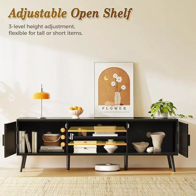 Alt view image 3 of 7 - SUPERJARE TV Stand for 65 Inch TV, Entertainment Center with Adjustable Shelf, Rattan TV Console with 2 Cabinets, Media Console, Solid Wood Feet, 4 Cord Holes, for Living Room, Black