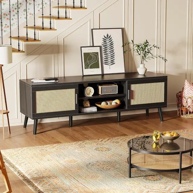 Alt view image 5 of 7 - SUPERJARE TV Stand for 65 Inch TV, Entertainment Center with Adjustable Shelf, Rattan TV Console with 2 Cabinets, Media Console, Solid Wood Feet, 4 Cord Holes, for Living Room, Black
