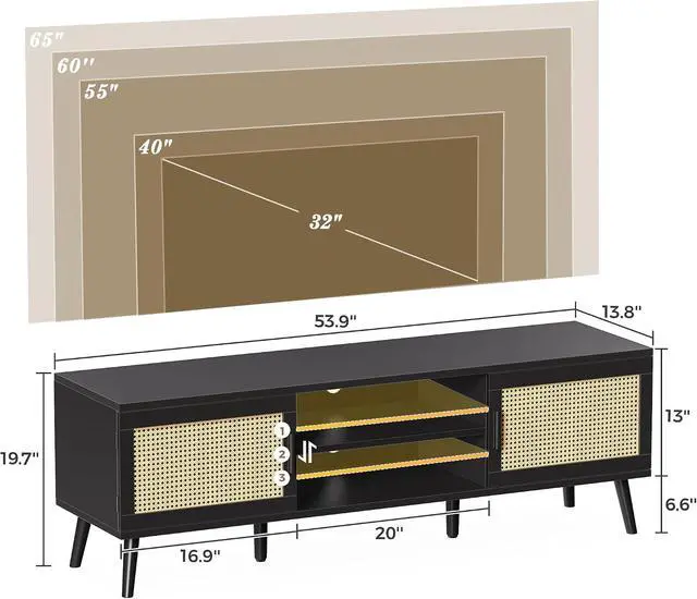 Alt view image 7 of 7 - SUPERJARE TV Stand for 65 Inch TV, Entertainment Center with Adjustable Shelf, Rattan TV Console with 2 Cabinets, Media Console, Solid Wood Feet, 4 Cord Holes, for Living Room, Black