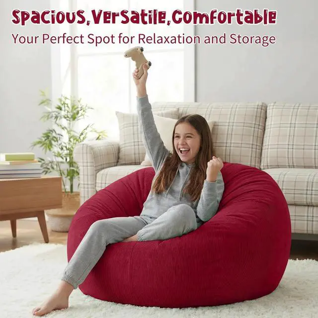 Alt view image 5 of 7 - 3 ft Bean Bag Chair Cover,Wine Red 300L | No Filler Washable Stuffed Animal Storage Beanbag Chair Cover 74" Extra Large Opening Premium Corduroy Bean Bag Cover